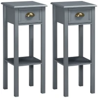 HOMCOM Bedside Table Set of 2, Narrow Side Table with Drawer and Shelf, 2 Tier Tall Nightstand for Bedroom, Grey(m-2)