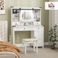HOMCOM Vanity Desk Set with Mirror and Lights, Cushioned Stool, Storage Drawer, Cabinet, Shelves for Bedroom, White(m-10)