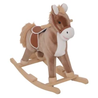 Qaba Kids Rocking Horse with Soft Plush Body, Wooden Base & Handle Grip for Years 3+(m-11)