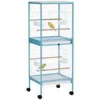 PawHut 55.1" 2 In 1 Bird Cage Aviary Parakeet House for finches, budgies with Wheels, Slide-out Trays, Wood Perch, Food Containers, Light Blue(m-2)
