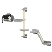 PawHut 3PCs Cat Shelves with Hammock, Scratching Posts, Platforms, Grey(m-11)