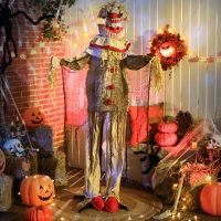 Outsunny 68" Life Size Halloween Animated Pumpkin Clown with Glowing LED Eyes, Battery Operated, Indoor Party Props(m-8)