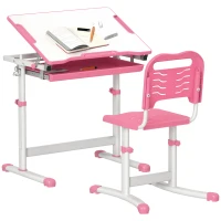 Qaba Height Adjustable Kids Desk and Chairs Set with Tilt Desktop, Storage Drawer, Pen Slot, Hook, Pink(m-11)
