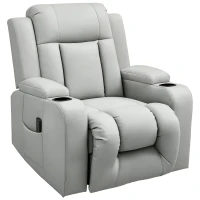 HOMCOM Recliner Chair with 8 Vibration, Overstuffed PU Leather Reclining Chair with Wide Seat, Cup Holders, Rocking, Light Grey(m-11)