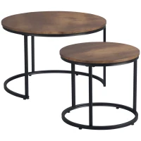 HOMCOM Round Nesting Tables Set of 2, Stacking Coffee Table Set with Metal Frame for Living Room, Rustic Brown(m-1)