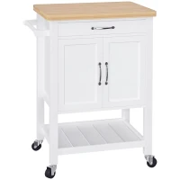 HOMCOM Kitchen Storage Cabinet Trolley Serving Cart Rubber Wood top Rolling Kitchen Island with Towel Rack and Drawer White(m-2)