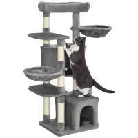 PawHut 52.5" Cat Tree Tower with Scratching Posts, Cat Condos, Bed, Platforms, Hammocks, for Indoor Cats, Grey(m-11)