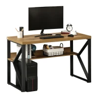 HOMCOM 47 Inch Industrial Writing Desk with Storage Shelf, Computer Desk with K-Shaped Steel Frame and Adjustable Footpads for Office, Black/Brown(m-1)