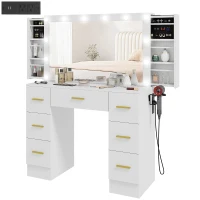 HOMCOM Makeup Vanity Table with Lights, Dressing Table with 7 Drawers, 6 Hidden Sliding Storage Compartments, White(m-11)
