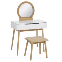 HOMCOM Makeup Vanity Table with Round Mirror and 2 Drawers, Dressing Table with Cushioned Stool Set for Bedroom (Natural Wood)(m-2)