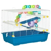 PawHut 31" Large Hamster Cage, Small Animal House, Multi-storey Gerbil Haven, Tunnel Tube System, with Water Bottle, Exercise Wheel, Food Dish, Ramps, Blue(m-2)