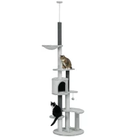 PawHut 89"-100" Floor to Ceiling Cat Tree w/ Hammock, Scratching Posts, Condo, Perches, Toy Ball, Anti-tip Kit, Grey(m-11)