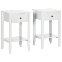 HOMCOM Side Table Set of 2, End Tables with Drawer and Bottom Shelf, 2-tier Nightstand for Bedroom, Living Room, White(m-2)