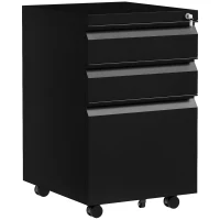 Vinsetto 3 Drawer File Cabinet with Lock, Steel Vertical Filing Cabinet with 5 Wheels and Hanging Bar for A4/Legal/Letter Size Files, Printer Stand with Pre-Assembled Body, Black(m-11)