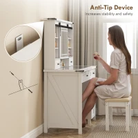 HOMCOM Vanity Desk Set with Mirror and Lights, Cushioned Stool, Storage Drawer, Cabinet, Shelves for Bedroom, White(m-9)