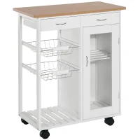 HOMCOM 28" Rolling Kitchen Island with Storage, Kitchen Cart with Solid Bamboo Top, Wire Basket,Door Cabinet and Drawers, White(m-1)