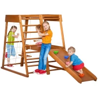 Qaba 6-in-1 Indoor Jungle Gym Playground with Slide, Climbing Wall, Rope Climber, Monkey Bars, Swing, Toddler Climbing Toys for 3-10 Years Old, Wood(m-1)