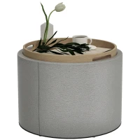 HOMCOM Round Coffee Table, End Table with Hidden Storage and Tray Top, Linen Upholstered Footrest for Living Room(m-11)