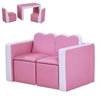 Qaba Kids Sofa Set 2-in-1 Multi-Functional Toddler Table Chair Set 2 Seat Couch Storage Box Soft Sturdy Pink(m-1)