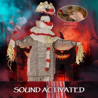 Outsunny 68" Life Size Halloween Animated Pumpkin Clown with Glowing LED Eyes, Battery Operated, Indoor Party Props(m-5)