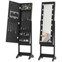 HOMCOM Free Standing Armoire Organizer, Lighted Mirrored Jewelry Cabinet w/ Angle Adjustable & 16 LED Lights Black(m-11)