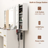 HOMCOM Makeup Vanity Table with Lights, Dressing Table with 7 Drawers, 6 Hidden Sliding Storage Compartments, White(m-5)