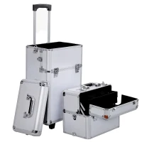 HOMCOM Pro 3 in 1 Portable Aluminum Makeup Cases Rolling Cosmetic Organizer Box, Black (Silver)(m-2)