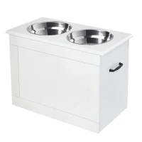 PawHut Raised Pet Feeding Storage Station with 2 Stainless Steel Bowls Base for Large Dogs and Other Large Pets, White(m-1)