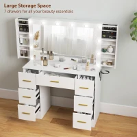 HOMCOM Makeup Vanity Table with Lights, Dressing Table with 7 Drawers, 6 Hidden Sliding Storage Compartments, White(m-6)