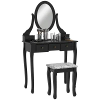 HOMCOM Vanity Table with Stool, Makeup Vanity with 360° Rotating Oval Mirror, 5 Drawers and Padded Seat, Dressing Table for Bedroom, Black(m-2)