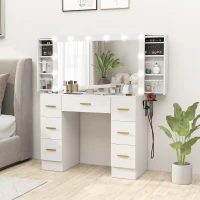 HOMCOM Makeup Vanity Table with Lights, Dressing Table with 7 Drawers, 6 Hidden Sliding Storage Compartments, White(m-1)