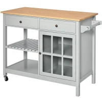 HOMCOM Rolling Kitchen Island with Storage, Kitchen Cart with Solid Wood Top, Glass Door Cabinet, Adjustable Shelf, Towel Rack, 2 Drawers for Dining Room, Gray(m-1)