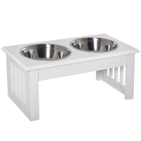 PawHut 6" Height Small Puppy Dog Feeding Station for Messy Pets, Stainless Steel Elevated Dog Bowls with Modern Wooden Frame, Dog Food Stand Pet Feeding Station, White(m-1)