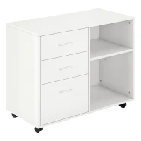 HOMCOM Modern Lateral Filing Cabinet, 3 Drawer File Cabinet for Letter and A4 Size Documents, Mobile, Printer Stand with Open Shelves, Rolling Wheels, White(m-2)