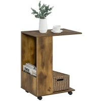 HOMCOM C-Shaped Sofa Side Table Mobile End Table with Storage and Wheels for Living Room,Office, Rustic Brown(m-1)