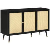 HOMCOM Kitchen Sideboard Cabinet, Boho Storage Cabinet with Shelves, Wood Legs, Decorative Rattan Doors, Black(m-2)