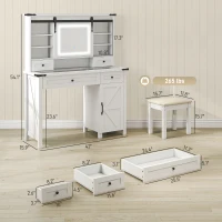 HOMCOM Vanity Desk Set with Mirror and Lights, Cushioned Stool, Storage Drawer, Cabinet, Shelves for Bedroom, White(m-3)