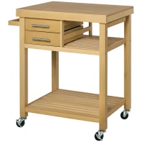 HOMCOM Bamboo Kitchen Island Cart on Wheels, Utility Trolley Cart with 2 Storage Drawers and Open Shelves, Bamboo Tone(m-1)