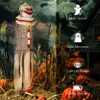 Outsunny 68" Life Size Halloween Animated Pumpkin Clown with Glowing LED Eyes, Battery Operated, Indoor Party Props(m-6)