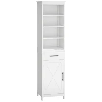kleankin Tall Bathroom Storage Cabinet, Free Standing Bathroom Cabinet Slim Side Organizer w/ 3-Tier Open Shelf, Door, and Drawer, White(m-2)
