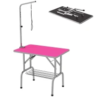 PawHut Foldable Grooming Table for Dogs with Height Adjustable Grooming Arm, Storage Shelf, Pink(m-11)