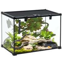 PawHut 14 Gallon Glass Reptile Terrarium Tank, Box Full View with Sliding Screen Top, 20" x 12" x 14", Black(m-11)