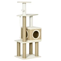PawHut Modern Cat Tree with Scratching Posts and Rattan Cat House, Small Cat Tower for Indoor Cat Furniture, Beige(m-1)
