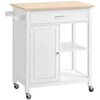 HOMCOM Kitchen Island Cart, Rolling Kitchen Island with Storage Shelf, Solid Wood Top, Drawer, for Dining Room, White(m-1)