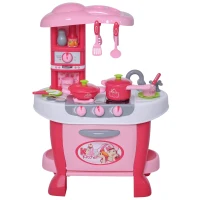Qaba Kids Kitchen Set Kitchen Playset Pretend Toy Children Role Play Game Toy with Light & Sound Function  38Pcs Toy Accessories - Pink(m-2)