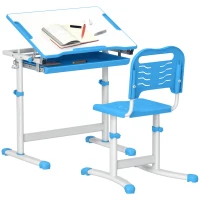 Qaba Height Adjustable Kids Desk and Chairs Set with Tilt Desktop, Storage Drawer, Pen Slot, Hook, Blue(m-11)
