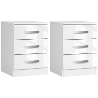HOMCOM Modern Nightstand Set of 2, Bedside Tables with 3 High Gloss Drawers for Bedroom, White(m-12)