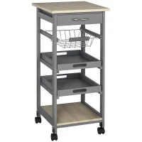HOMCOM Mobile Kitchen Cart, Rolling Kitchen Island with Storage, Solid Wood Frame Utility Cart with Wire Fruit Baskets, Trays and Drawer, Gray(m-1)