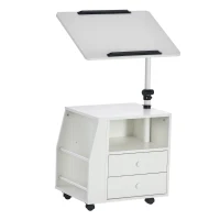 HOMCOM Modern End/Side Table for Living Room with a 360° Adjustable Height Tabletop & Storage Drawers, White(m-1)