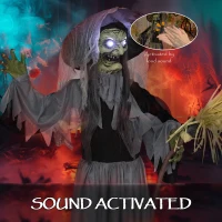 Outsunny Animatronics Standing Witch, Voice-Activated Prop, Spinning Head & Flashing Eyes, Easy Setup Indoor, Black(m-5)